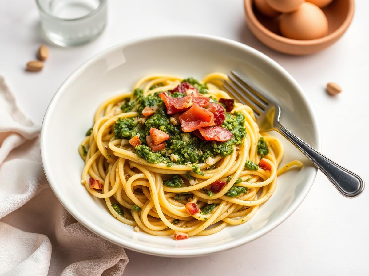 Paste cu pesto de fistic și guanciale – rețetă cu produse Alla Corporation